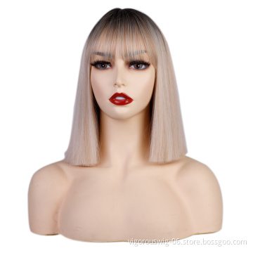 Ombre Highlight blonde Bob Cut Wigs with Bangs for Women 12inch Straight Short Hair Synthetic Heat Resistant colorful Natural
